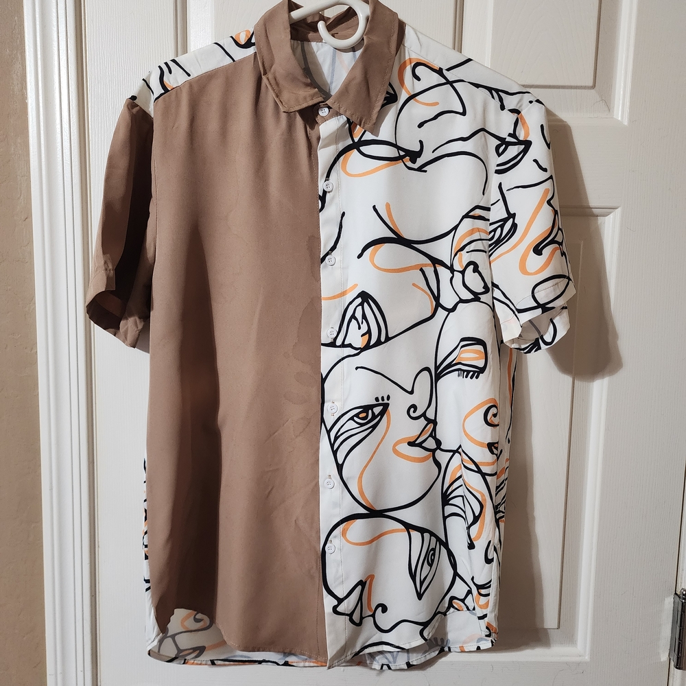 Abstract Face Print Men's Shirt - Brown and White